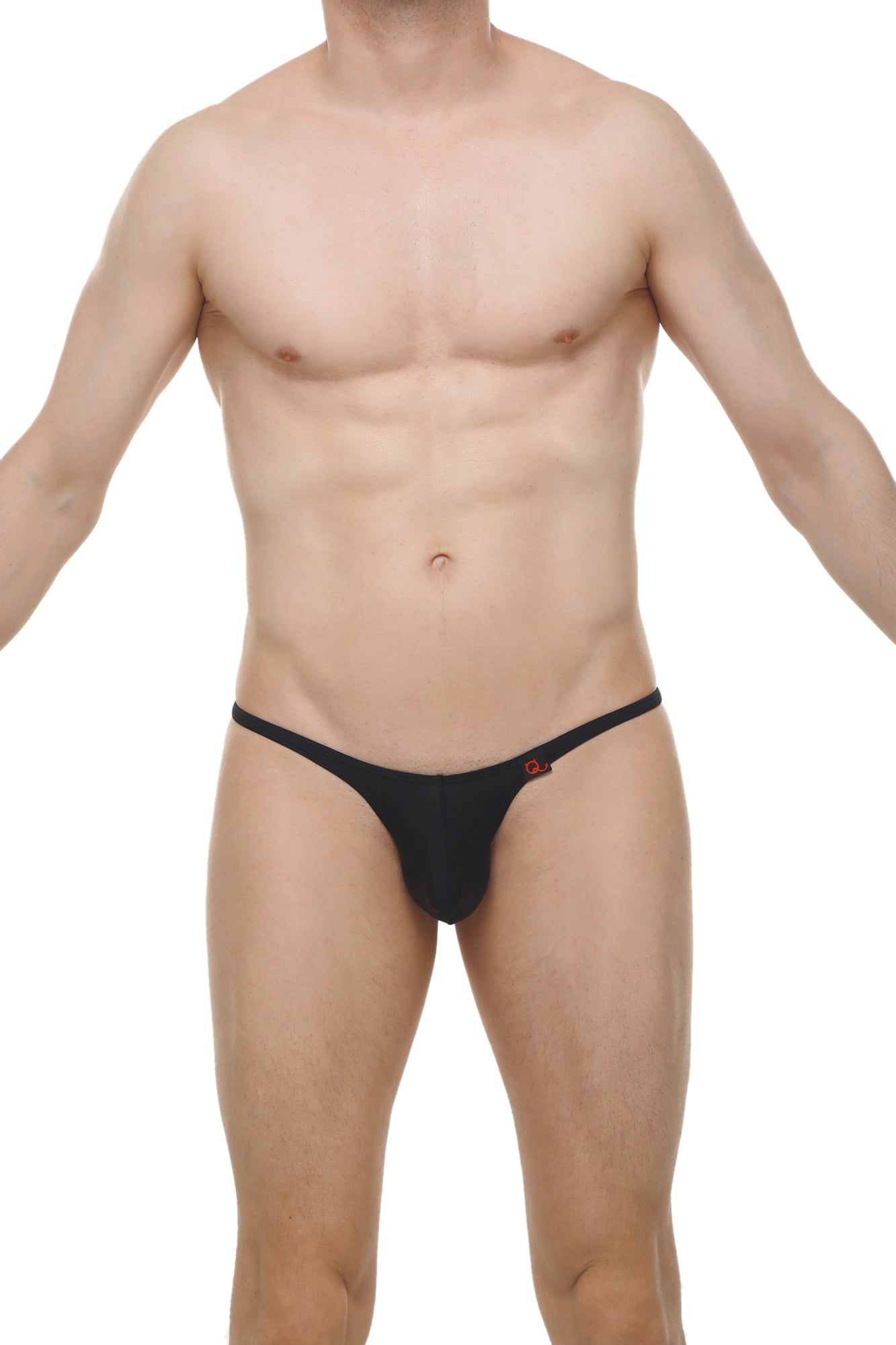 Black thong bikini plellis plum with a small red logo on the side showing the back side of the product