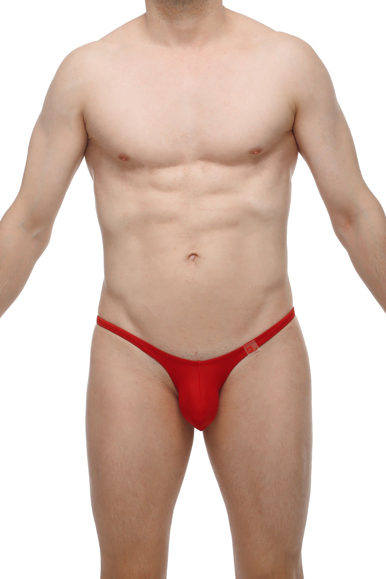 Red thong bikini with small square logo on sideband from petitq bikini plellis red collection