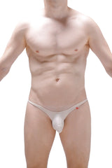 White smooth-textured men’s thong bikini plellis sand with small red logo on the side