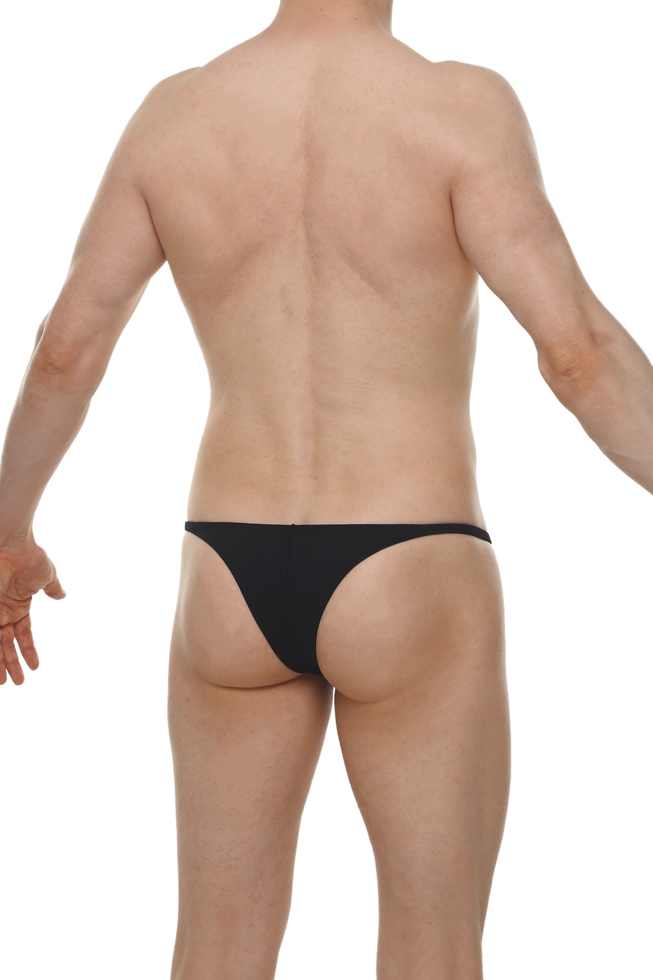 Black bikini plellis thong made of smooth form-fitting fabric shown from the back side