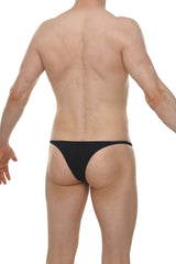 Black bikini plellis thong made of smooth form-fitting fabric shown from the back side