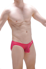 Bright pink men’s bikini poncy net briefs with snug fit and small logo on waistband