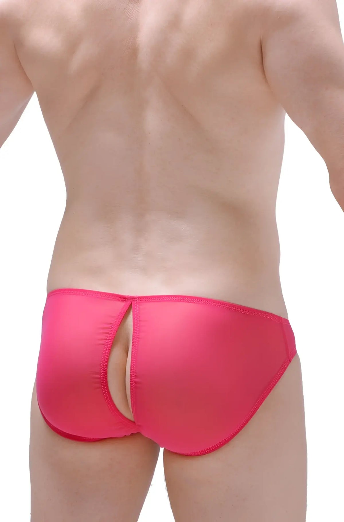 Bright pink bikini poncy net fuchsia swim trunks with a sleek form-fitting design and central cutout at the back view