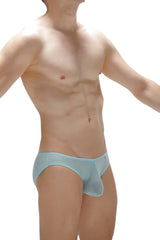 Light blue sheer mesh men’s bikini poncy net teal underwear with central pouch design for comfort and style