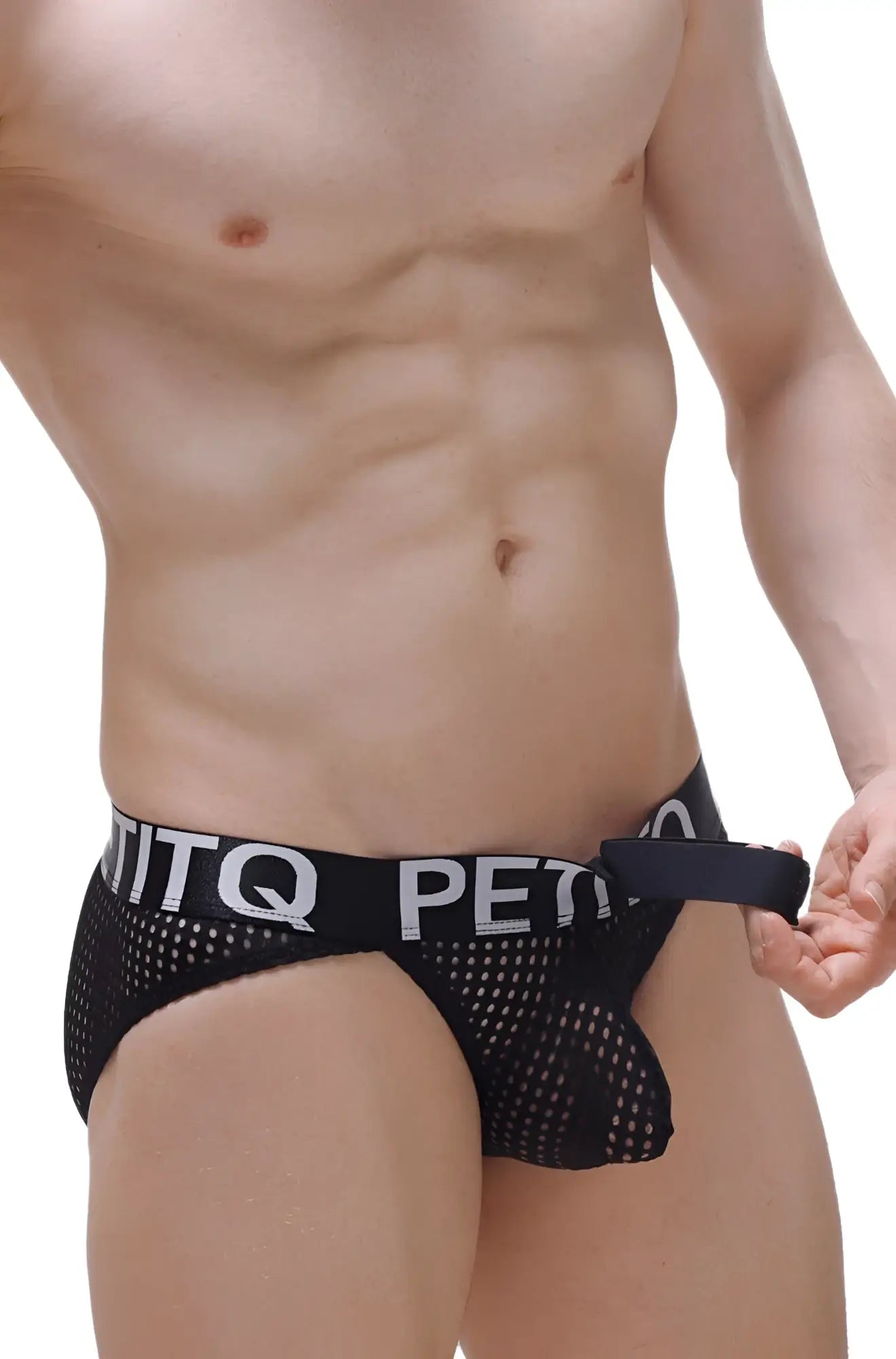 Black mesh bikini protruder durtol briefs with wide elastic waistband and white petitq lettering