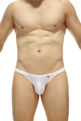 White men’s thong petitq bikini cornil bulan white with a small red logo on the hipband shown from the back side