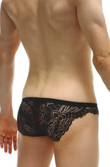 Black lace bikini tregunc briefs with intricate floral patterns and scalloped edges in a delicate design