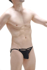 Black men’s thong bikini turun with metallic gold-tone hardware and small red logo on the side