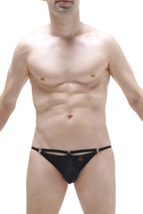 Black thong bikini turun with metallic rings on waistband and small logo on front in sleek black design