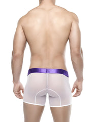 Bitewear sheer boxer brief underwear white transparent fabric with vibrant purple elastic waistband size XL