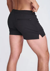 Black seersucker swim shorts with mesh lining showing zippered back pocket and side slit on the back side