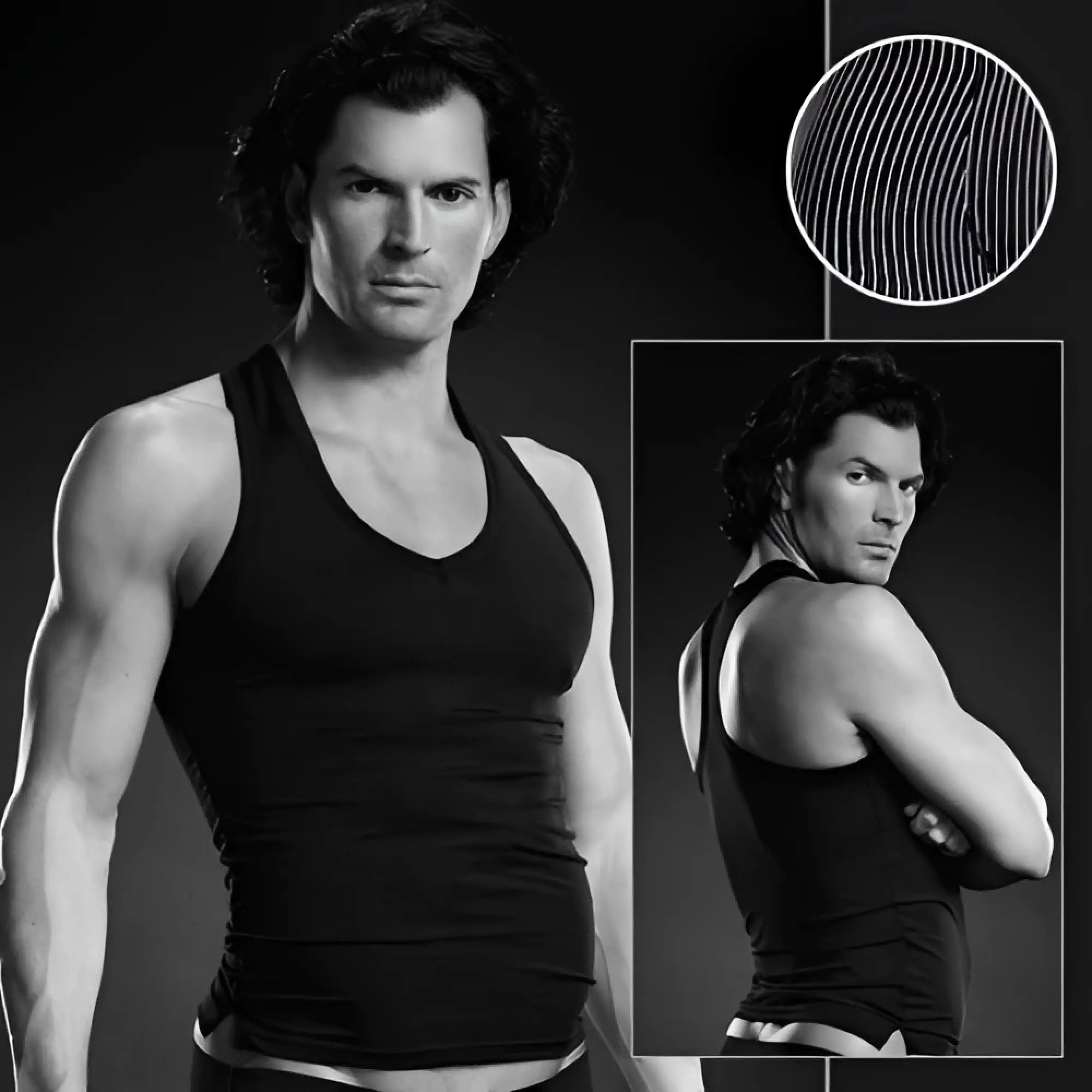 Black fitted v-neck tank top with microfiber pinstripe design by Blue Line Performance in size L XL
