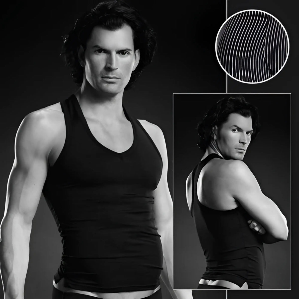 Black fitted v-neck tank top with microfiber pinstripe design by Blue Line Performance in size L XL