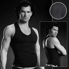 Black fitted v-neck tank top with microfiber pinstripe design by Blue Line Performance in size L XL