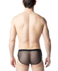 Black blur bikini brief with mesh fabric and solid black waistband showing front view
