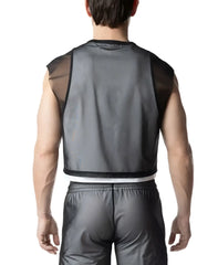 Black mesh sleeveless athletic vest blur crop top with sheer panels and ribbed texture for active wear