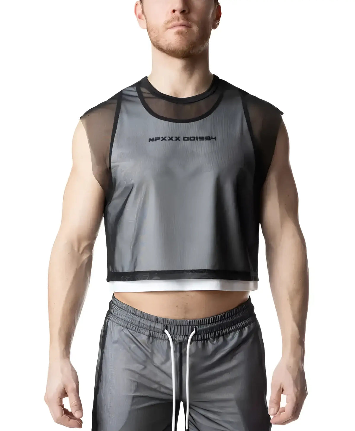Blur crop top black mesh sleeveless crop top with solid gray front panel and white trim at the hem