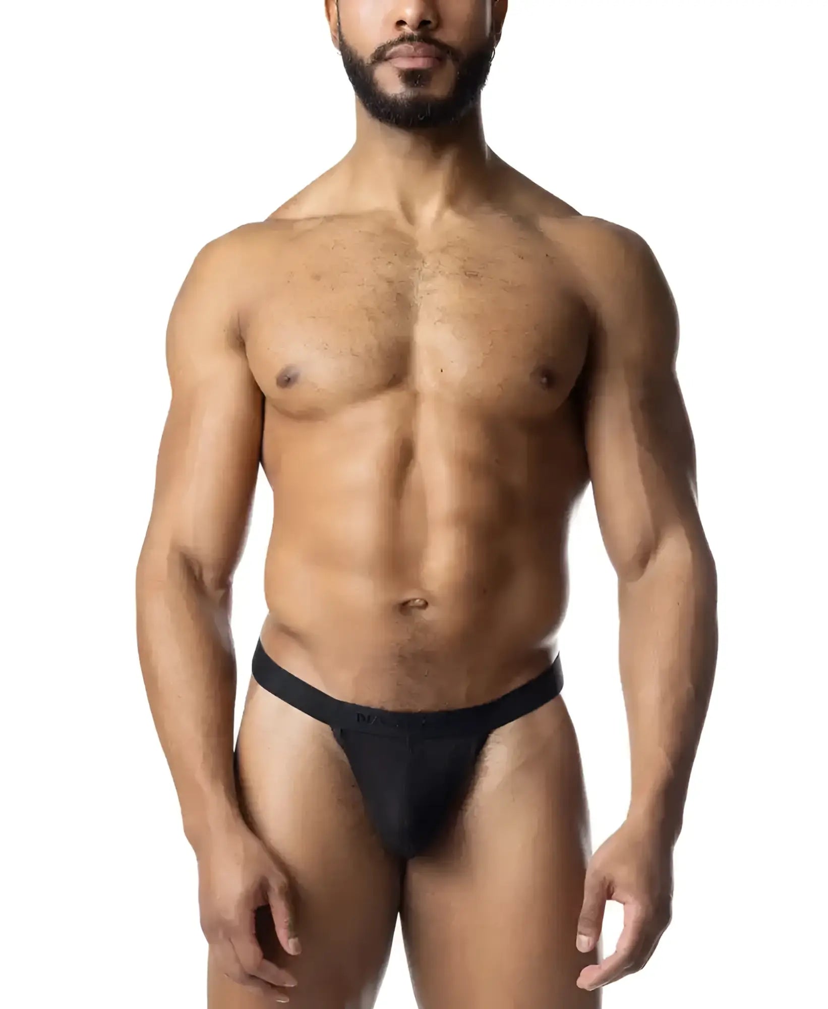 Black blur jockstrap briefs with smooth stretchy fabric and narrow waistband shown from the back side