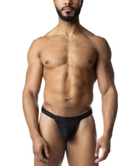 Black blur jockstrap briefs with smooth stretchy fabric and narrow waistband shown from the back side