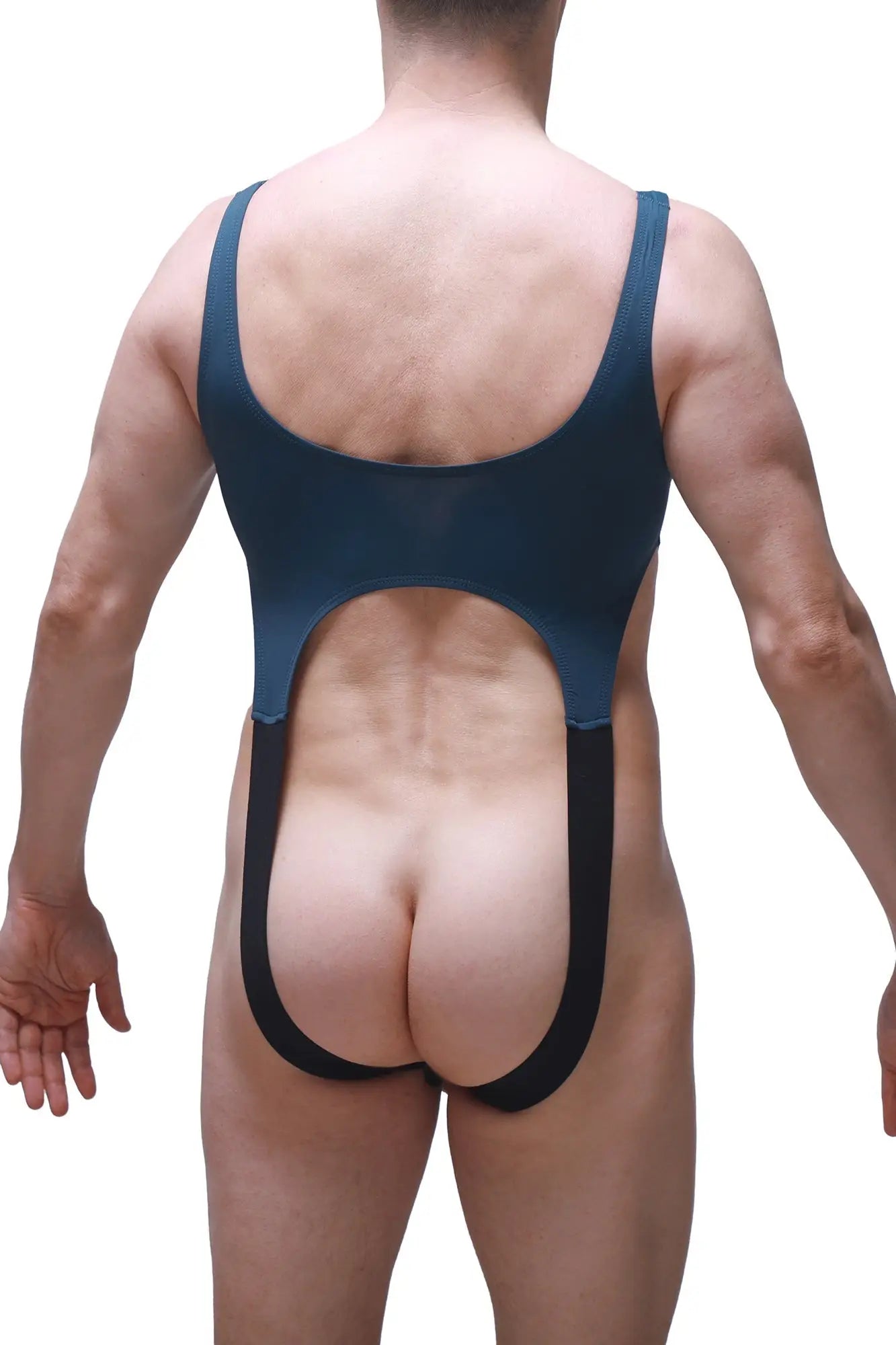 Dark blue one-piece swimsuit with black trim and back cutout shown from the back view body amance prussian blue