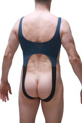 Dark blue one-piece swimsuit with black trim and back cutout shown from the back view body amance prussian blue