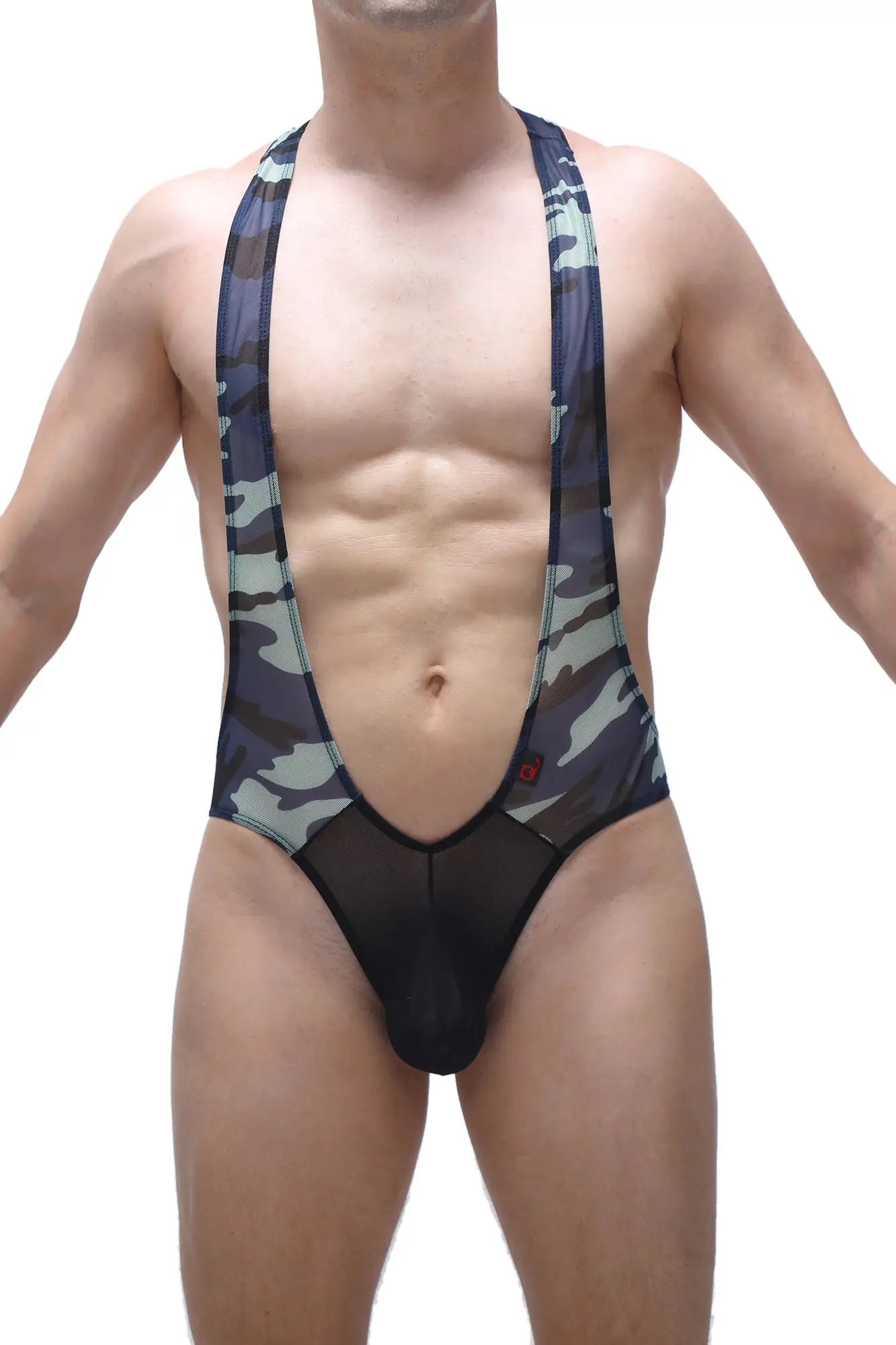 Black and gray camouflage men’s suspendersuit body ambel camo net with sheer mesh panel at front