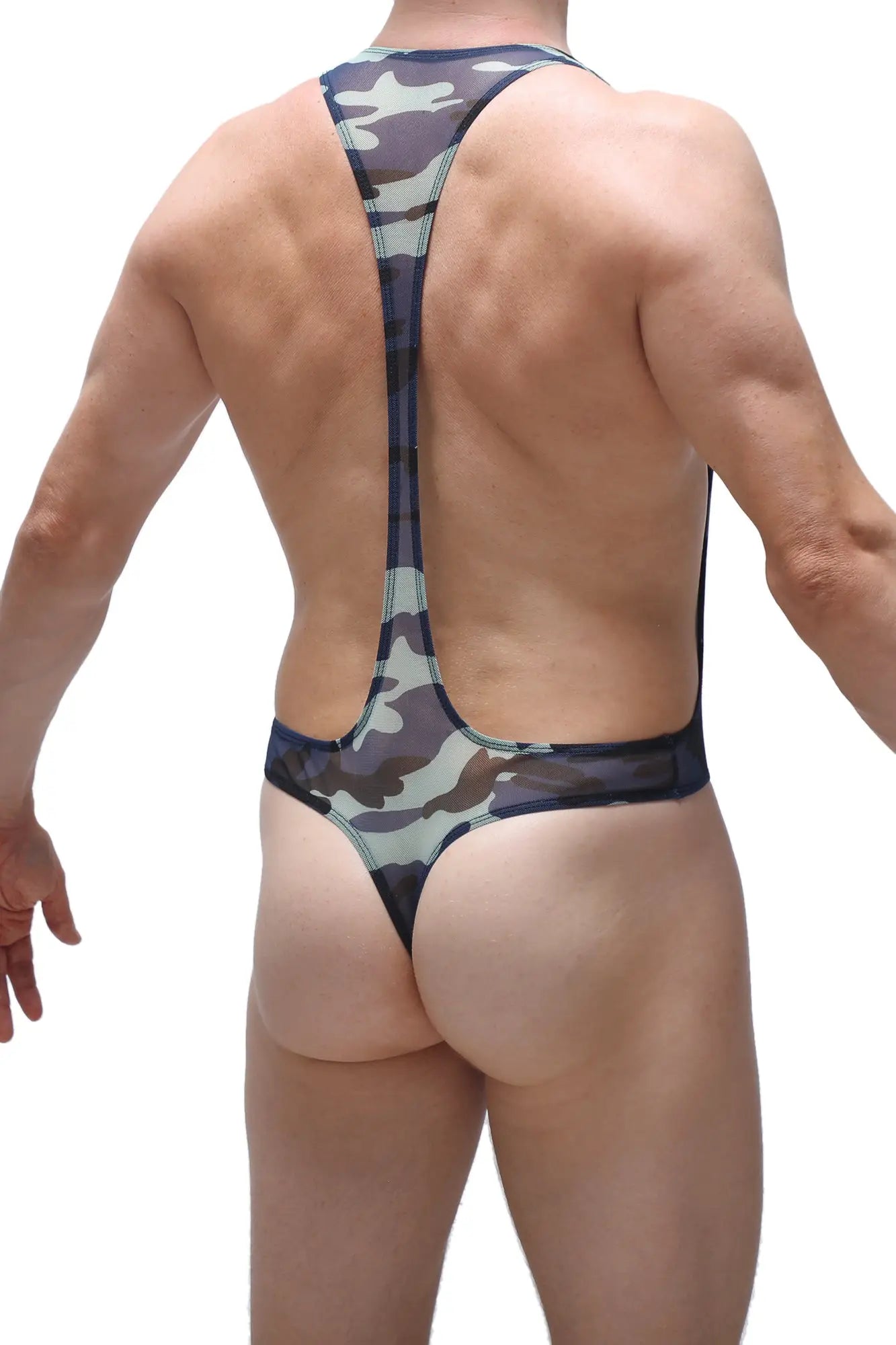 Camouflage patterned one-piece swimsuit body ambel camo net with racerback design and thin straps showing the back side