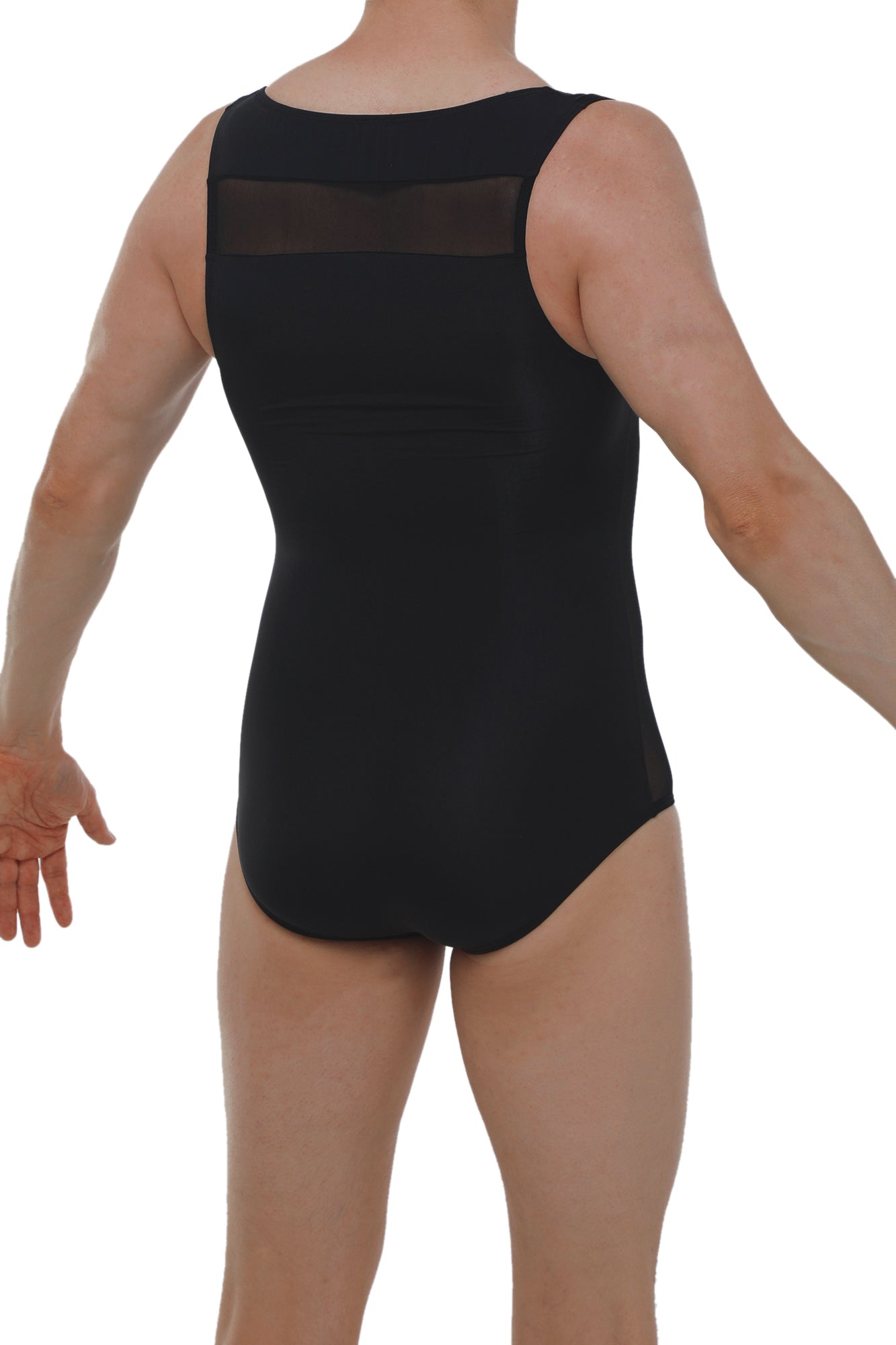 Back view of petitq bodysuit herlys black sleeveless leotard with sheer mesh panel on upper back