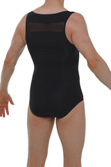 Back view of petitq bodysuit herlys black sleeveless leotard with sheer mesh panel on upper back