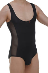 Black one-piece PetitQ bodysuit Herlys with sheer mesh side panels made of lightweight fabric