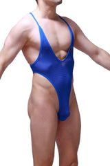A vibrant royal blue sheer mesh one-piece swimsuit with deep v-neckline and high cut leg called Body Causson Macra Blue