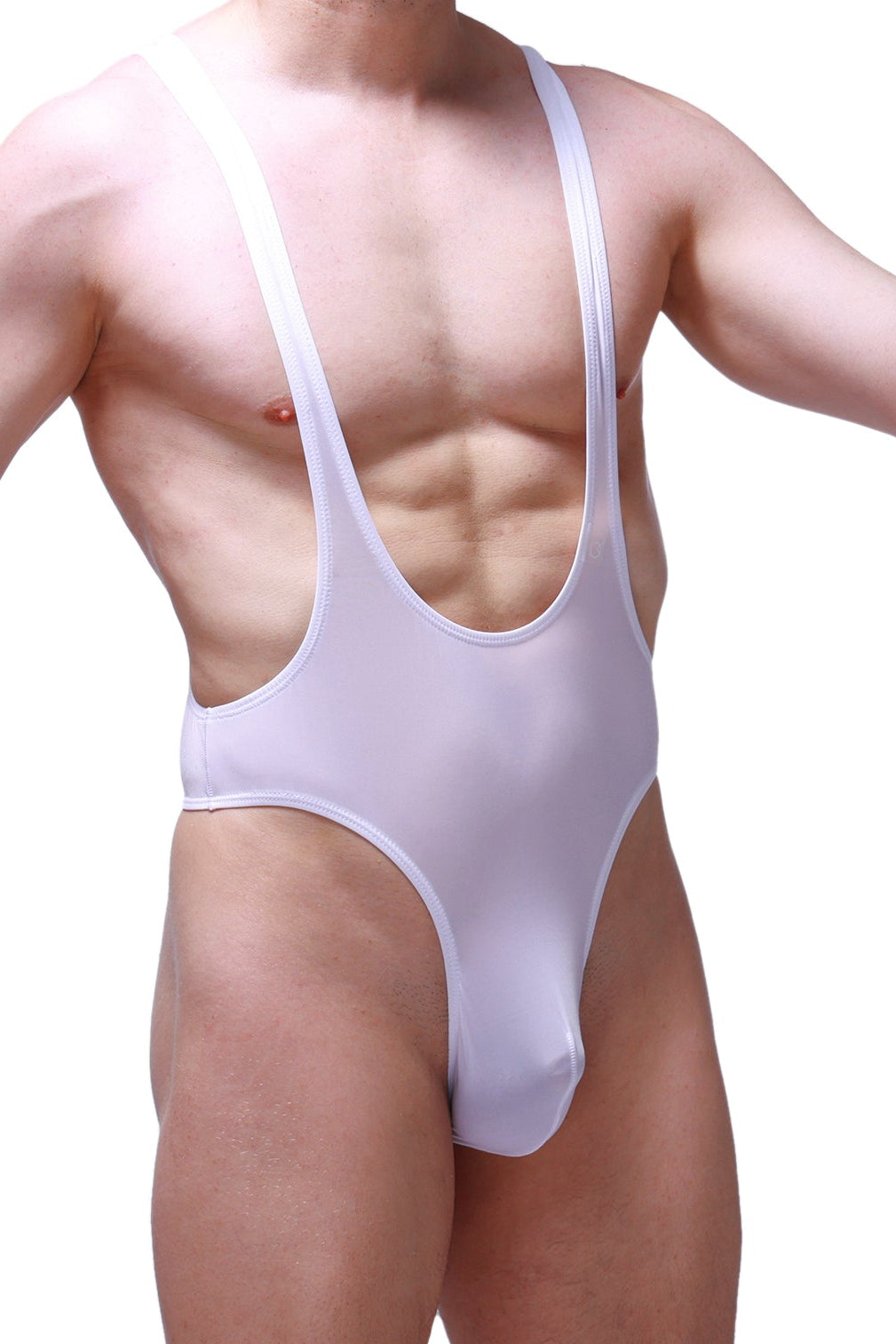 PetitQ bodysuit thong Gonzac plum white one-piece swimsuit with thin straps and deep scoop neckline in white