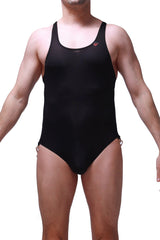 Black petitq bodysuit jockstrap with thin straps and small red logo on upper left chest in asp net plum black
