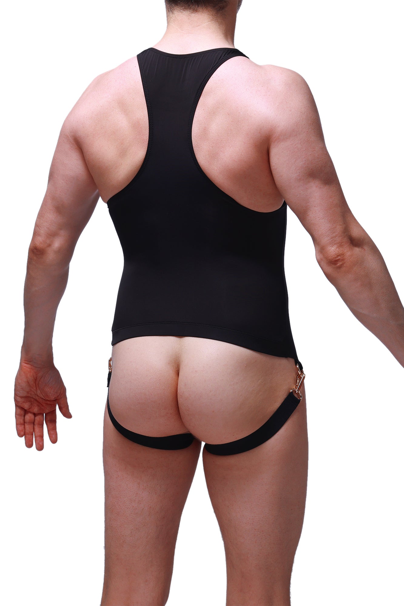 Black petitq bodysuit jockstrap with racerback brief design and gold metal hardware accents at sides