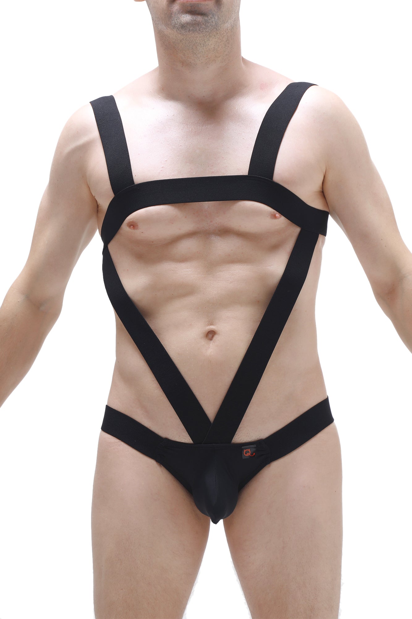 Black strappy harness-style PetitQ Bodyjockstrap Oulins bodysuit with bold geometric design for edgy fashion looks