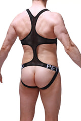 Black mesh body jockstrap oze durtol with racerback design and petit branded waistband shown from the back side