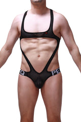 Black mesh one-piece bodysuit with cutout design and branded waistband from body jockstrap oze durtol black collection