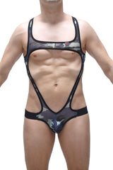 Black and gray camouflage-patterned transparent body jockstrap oze net camo with black trim for stylish wear