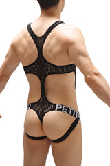 Black mesh body jockstring with cutout design and petit branding on the waistband in black