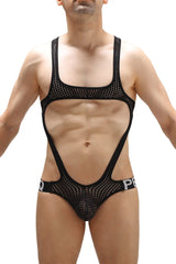 Black mesh bodysuit with cutout design and branded waistband front view in body jockstring oze durtol black