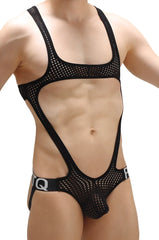 Black mesh one-piece swimsuit body jockstring Oze Durtol black with cutout design and branded waistband