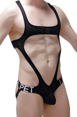 Black mesh one-piece swimsuit with cutout design and pet branding on waistband body jockstring oze durtol black