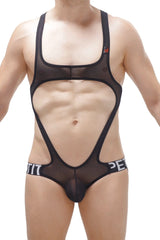 Black sheer mesh body jockstring with bold straps and a cutout design in black shown from the back side