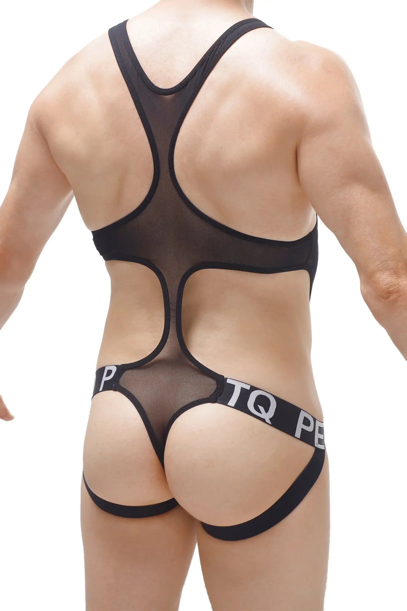 Black sheer mesh body jockstring with bold black straps and branded waistband in black color