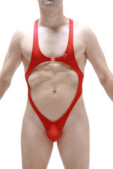Red mesh one-piece swimsuit with plunging neckline and cutout design petitq bodythong journy bee red