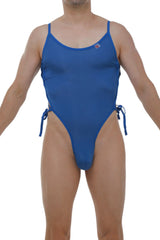 Blue one-piece swimsuit body lacets plum blue with thin straps and adjustable side ties for a comfortable fit