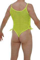 Neon yellow sheer mesh one-piece swimsuit body lacets net with thin straps and side ties for a stylish look
