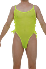 Neon yellow body lacets net sheer one-piece swimsuit with thin straps and side ties in neon green