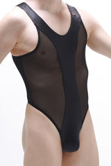 Petitq body nescher satin black black mesh one-piece swimsuit with solid black shoulder straps and v-neckline