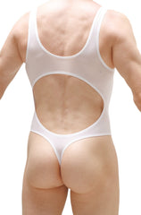White one-piece swimsuit petitq bodythong nexon plum with cutout back and thong bottom shown from the back side